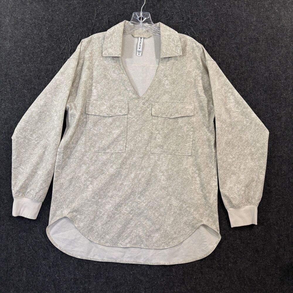 Athleta Zuma Shirt Women's Medium Viper Grey Printed Tunic Top Collar V-Neck